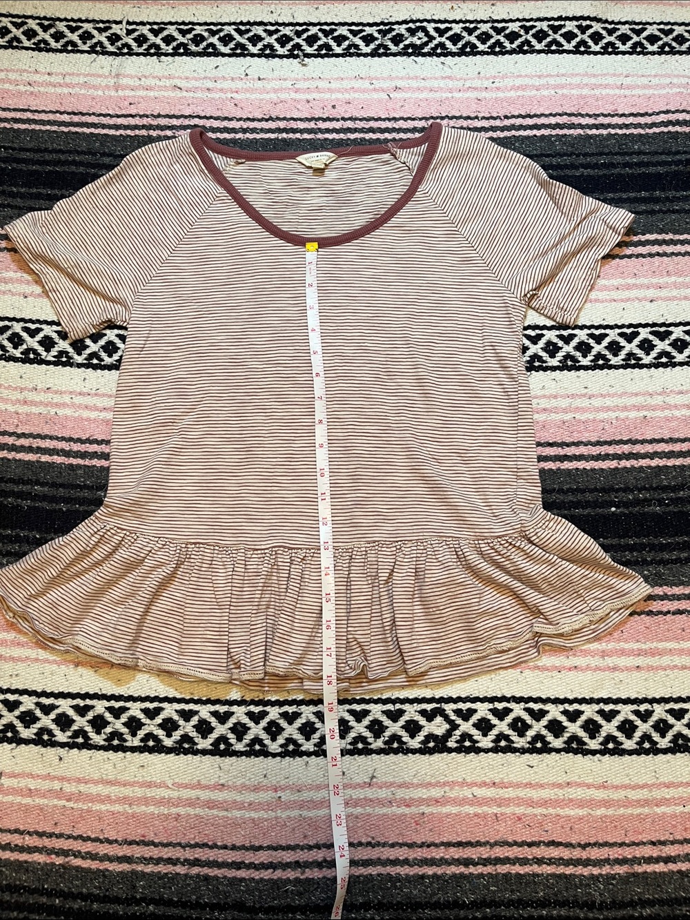 Lucky Brand Striped Ruffle Hem Short Sleeve Top - Mauve/White